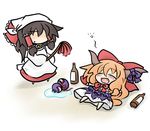  ^_^ black_hair bottle bow chibi closed_eyes drooling fang feather_duster gourd hair_bow hair_tubes hakurei_reimu head_scarf horn_ribbon horns ibuki_suika lying multiple_girls on_back orange_hair ribbon touhou yanagi_(nurikoboshi) 