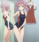  ass competition_swimsuit green_eyes mayo_chiki! mirror one-piece_swimsuit purple_hair reflection school_uniform screencap stitched swimsuit thigh_gap third-party_edit twintails usami_masamune 