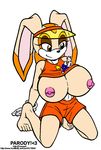  animal_ears artie big_breasts breasts cream_the_rabbit duo female happy lagomorph male mammal nipples partially_clothed plain_background rabbit sega size_difference smile sonic_(series) vkyrie warm_colors white_background 