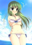  bad_id bad_pixiv_id bikini breasts cleavage cloud day frilled_bikini frills frog green_eyes green_hair groin hair_ornament hayuki_hayu highres kochiya_sanae large_breasts long_hair navel sky snake solo swimsuit touhou untied wardrobe_malfunction 