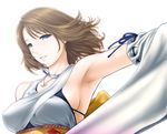 armpits bare_shoulders blue_eyes brown_hair detached_sleeves final_fantasy final_fantasy_x green_eyes hair_ornament heterochromia japanese_clothes jewelry necklace obi outstretched_arm sash short_hair simple_background solo st.germain-sal yuna_(ff10) 