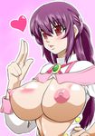  battle_spirits breasts breasts_outside dress erect_nipples female hair_ornament heart hearts hokuto_(pixiv) hokuto_(tokuho) huge_breasts lips long_hair nipples no_bra open_clothes open_dress perky_breasts ponytail puffy_nipples purple_hair red_eyes shinomiya_mai simple_background solo standing upper_body 