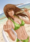  abs bad_id bad_pixiv_id beach bikini brown_hair day dutch_angle green_bikini green_eyes long_hair navel one_eye_closed original outdoors over_shoulder sand sky swimsuit tomoshiki water 