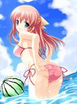  :o adjusting_clothes adjusting_swimsuit ass ball beachball bikini blue_eyes blush cloud day food fruit korotan long_hair original red_hair side-tie_bikini sky solo swimsuit wading watermelon watermelon_beachball 