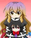  ahoge arm_ribbon asymmetrical_wings black_dress black_hair blush bow chibi child dress eyebrows feiton gradient_hair hijiri_byakuren houjuu_nue hug hug_from_behind multicolored_hair multiple_girls open_mouth red_eyes ribbon smile touhou upper_body wings yellow_eyes 