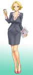  blonde_hair blouse blue_eyes breasts cleavage collarbone cup dress formal gradient gradient_background highres jacket large_breasts legs office_lady original pencil_skirt short_hair skirt skirt_suit solo st.germain-sal suit uniform 