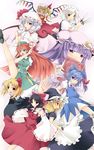  alternate_eye_color bare_legs bare_shoulders bat_wings black_hair blonde_hair blue_hair book bow cirno cup detached_sleeves flandre_scarlet glowing glowing_eyes green_eyes grin hair_bow hakurei_reimu hat high_kick highres hong_meiling ice ice_wings izayoi_sakuya kicking kirisame_marisa knife long_hair magic_circle mini-hakkero multiple_girls one_eye_closed outstretched_arms patchouli_knowledge purple_hair red_eyes red_hair remilia_scarlet rumia sesield short_hair side_ponytail silver_hair smile spread_arms teacup the_embodiment_of_scarlet_devil touhou very_long_hair wings witch_hat 