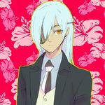  dark_skin dark_skinned_male eyepatch formal grey_hair inazuma_eleven_(series) inazuma_eleven_go long_hair male_focus necktie older orange_eyes sakuma_jirou solo suit svz_eliza 