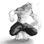  biceps bulge canine chest_tuft claws clothing crouching fur grey_fur grey_nose male mammal monochrome muscles ninjav pants pawpads paws pecs plain_background pose sketch solo tattoo toe_claws toned topless tuft white_fur wolf 