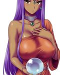  blush bracelet breasts brown_eyes choker collarbone dark_skin dragon_quest dragon_quest_iv dress earrings hand_on_own_chest huge_breasts impossible_clothes impossible_dress jewelry long_hair lowres minea orb purple_hair shirt simple_background skin_tight solo st.germain-sal taut_clothes taut_shirt very_long_hair 