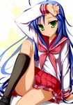  blue_hair green_eyes highres izumi_konata komo_egg long_hair lucky_star mole mole_under_eye pink_neckwear ryouou_school_uniform school_uniform serafuku solo 