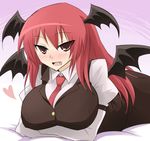  bat_wings blush breast_hold breasts dress_shirt fang head_wings koakuma large_breasts long_hair lying necktie on_stomach oro_(zetsubou_girl) red_eyes red_hair red_neckwear shirt solo touhou vest wings 