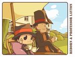  black_eyes black_hair blush_stickers brown_hair chair character_name cloud crossover cup day hat hershel_layton katekyo_hitman_reborn! professor_layton pydiyudie reborn sitting sky stencil_lettering table tea teacup top_hat 