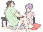  1girl bad_id bad_pixiv_id beard can drinking facial_hair father_and_daughter hair_bun higebu inazuma_eleven inazuma_eleven_(series) kudou_fuyuka kudou_michiya pillow purple_hair sitting 