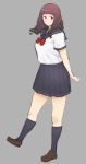  1girl brown_eyes brown_hair full_body grey_background highres kneehighs looking_at_viewer navy_blue_legwear original pleated_skirt school_uniform serafuku simple_background skirt smile solo suruga_kreuz 