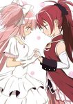  aoki_ume bare_shoulders choker detached_sleeves dress face-to-face gem gloves hair_ribbon holding_hands interlocked_fingers kaname_madoka long_hair magical_girl mahou_shoujo_madoka_magica multiple_girls pink_hair ponytail red_eyes red_hair ribbon sakura_kyouko smile third-party_edit two_side_up ultimate_madoka white_dress yellow_eyes 