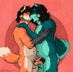  blush canine chubby duo erection eyes_closed fox gay hair hug kissing long_hair male mammal overweight penis pubes pubic_hair rthur uncut 