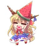  =_= arms_up bow chibi enjoy_mix fang food fruit heart heart_in_mouth horns ibuki_suika long_hair lowres namesake object_on_head open_mouth orange_hair simple_background solo touhou very_long_hair watermelon 