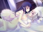  2girls bed black_hair blonde_hair blush breasts camisole eye_contact game_cg hand_holding highres holding_hands looking_at_another lying mephisto_(artist) multiple_girls nipples nopan open_clothes open_mouth open_shirt room shirt shy smile straight_trap strap_slip sweat tenshi_no_hane_wo_fumanaide yuri 