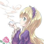  ayakashi_(monkeypanch) blonde_hair blush flower formal gosick green_eyes hair_ornament hairband highres long_hair pipe red_flower red_rose rose simple_background smoke smoking solo victorica_de_blois 