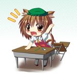  animal_ears bad_id bad_pixiv_id blush bow brown_eyes brown_hair cat_ears cat_tail chair chen chibi desk dress eraser falling fang hand_up hat multiple_tails nekomata open_mouth pen red_dress shefu shirt smile solo tail touhou 