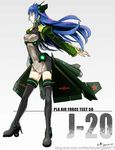  aircraft airplane black_legwear blue_hair green_eyes highres j-20 jet long_hair original personification sheeper signature simple_background solo star thighhighs unitard 