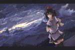  black_hair hat huanxiang_huifeng looking_at_viewer red_eyes scarf shameimaru_aya short_hair skirt solo thighhighs tokin_hat touhou 