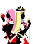  animal_hat apple back-to-back creator_connection crossover epaulettes food fruit hat holding holding_food holding_fruit mawaru_penguindrum multiple_girls pink_hair princess_of_the_crystal profile shoujo_kakumei_utena silhouette sword takakura_himari tegaki tenjou_utena weapon 