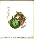  animal_ears bad_id bad_pixiv_id brown_hair cat_ears cat_tail chen chibi food fruit hat holding holding_food holding_fruit marker_(medium) multiple_tails shikishi short_hair simple_background solo tail takamoto_akisa touhou traditional_media watermelon 