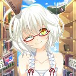  antenna_hair bare_shoulders blush book bookshelf closed_mouth cloud collarbone day glasses head_tilt one_eye_closed original portrait red-framed_eyewear short_hair sky smile solo tog_(shoten) white_hair yellow_eyes 