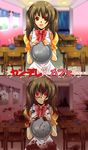  apron artist_request before_and_after blood blood_stain bloodstains bow bowtie brown_hair cafe comic evil_smile highres open_mouth original red_eyes smile translated translation_request twintails waitress yandere 