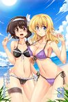  bikini blonde_hair blue_eyes blush breasts brown_eyes brown_hair cameltoe cleavage cloud collarbone day frilled_bikini frills front-tie_top hair_ribbon highres large_breasts long_hair maribel_hearn multiple_girls navel open_mouth ribbon shiny shiny_skin shochuumimai short_hair side-tie_bikini sideboob sky slender smile strap_gap sun swimsuit touhou underboob usami_renko v windart zanshomimai 