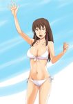  bikini breasts brown_hair cameltoe cleavage front-tie_top gundam jack_hamster large_breasts long_hair maria_owens navel open_mouth purple_eyes sd_gundam sd_gundam_g-generation side-tie_bikini smile solo swimsuit 