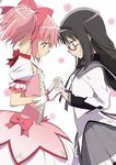  akemi_homura black_hair face-to-face glasses gloves hair_ribbon hairband hands holding_hands interlocked_fingers kaname_madoka long_hair magical_girl mahou_shoujo_madoka_magica multiple_girls pantyhose pink_eyes pink_hair purple_eyes red-framed_eyewear ribbon short_twintails skirt smile third-party_edit twintails 