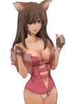  animal_ears bare_shoulders breasts brown_eyes brown_hair cleavage dark_skin eyepatch fingerless_gloves gloves hair_over_one_eye koutarou_(farthest) long_hair medium_breasts navel original panties simple_background smile solo underwear white_panties 