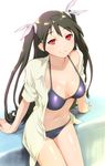  arm_support bikini bow breasts cleavage dress_shirt hair_bow large_breasts mayo_chiki! navel open_clothes open_shirt red_eyes shiny shiny_skin shirt silver_hair smile solo suzutsuki_kanade swimsuit twintails two_side_up ueyama_michirou 