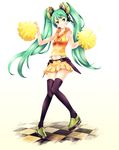  bad_id bad_pixiv_id checkered checkered_floor green_eyes green_hair hatsune_miku headphones headset highres infinote long_hair midriff pom_poms simple_background skirt smile solo thighhighs twintails very_long_hair vocaloid 