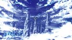  amato_(mugen) blue_sky cloud highres hinanawi_tenshi m.u.g.e.n mountain scenery sky solo standing_on_object tobenai_todo touhou 