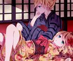  1girl aqua_eyes blonde_hair brother_and_sister chin_rest collarbone floral_print flower hair_flower hair_ornament hair_ribbon japanese_clothes kagamine_len kagamine_rin kimono kouko lying md5_mismatch obi on_back ribbon sash short_hair siblings sitting twins vocaloid yukata 