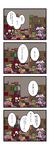  4koma black_wings book bookshelf check_translation chibi comic commentary crescent dora_ita english_commentary hat head_wings highres koakuma long_hair multiple_girls necktie patchouli_knowledge purple_hair red_hair shelf sweatdrop tears touhou translated translation_request wings 