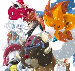  accelgor adeku_(pokemon) bag bags bouffalant druddigon escavalier headphones highres larvesta male male_focus map pikachu pokemon pokemon_(game) pokemon_black_and_white pokemon_bw pokemon_champion sen_(artist) vanilluxe volcarona winter 