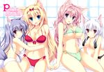  :d :o animal_ears arm_support bare_shoulders bikini blonde_hair blue_eyes blush breasts chestnut_mouth cleavage collarbone fang fox_ears fox_tail front-tie_top hair_ribbon highres holding_hands hug large_breasts lavender_hair long_hair looking_at_viewer multiple_girls navel o-ring o-ring_bikini o-ring_bottom o-ring_top open_mouth original pink_eyes purple_eyes ribbon side-tie_bikini sitting smile swimsuit tail tateha_(marvelous_grace) underboob white_hair 