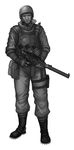  boots facial_hair fingerless_gloves gloves greyscale gun hammer_and_sickle helmet highres knife lieqi_hun magazine_(weapon) male_focus military military_uniform monochrome original rifle scar soldier solo soviet stubble uniform weapon 