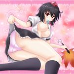  ass black_hair black_legwear blush breasts condom condom_in_mouth fan hat hauchiwa large_breasts looking_at_viewer mouth_hold nipples no_bra open_clothes open_shirt panties pink_panties presenting red_eyes shameimaru_aya shirt short_hair skirt socks solo teasing tokin_hat touhou underwear unshu_mikan 