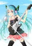  aqua_eyes aqua_hair day electric_guitar guitar hatsune_miku headphones highres instrument long_hair microphone microphone_stand r_star skirt sky solo thighhighs twintails very_long_hair vocaloid 