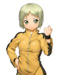  blush bodysuit breasts bruce_lee's_jumpsuit clenched_hand closed_mouth face green_eyes green_hair hand_on_hip huang_baoling medium_breasts onsoku_maru orange_bodysuit short_hair simple_background smile solo tiger_&amp;_bunny wristband 