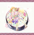  bad_id bad_pixiv_id blonde_hair blush bowl braid cherry closed_eyes food fruit hands_on_own_cheeks hands_on_own_face ice_cream japanese_clothes kimono long_hair open_mouth orange original petals sitting smile solo twin_braids ume_(plumblossom) 