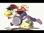  boy bulbasaur mato pikachu poke_ball pokemon pokemon_(game) pokemon_red_and_green pokemon_rgby pokemon_special pokemon_special_anime poliwhirl red_(pokemon) running simple_background 