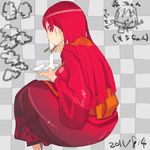  2011 checkered checkered_background chibi chibi_inset chopsticks dated dress eating food grey_background japanese_clothes kimono long_hair looking_back mori_hikiko original red_dress red_eyes red_hair see-through teriyaki 