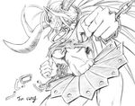 alistair_(dragon_age) breasts chain chained genderswap greyscale horns jun_sung large_breasts league_of_legends monochrome scar solo underboob 